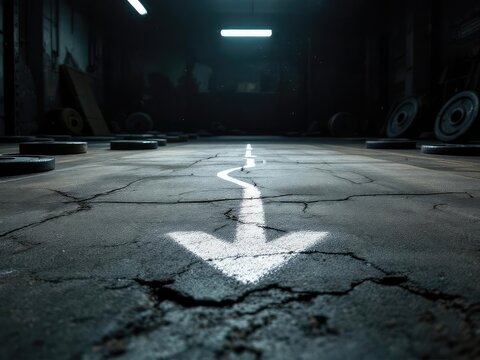 Arrow symbol on cracked concrete street pointing down - Powered by Adobe