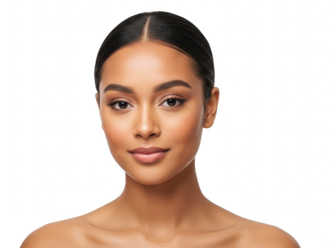 Close up portrait of beautiful young woman with flawless skin and natural makeup looking directly at camera isolated on transparent background