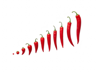 Progression of red chili pepper size from smallest to largest isolated on transparent background