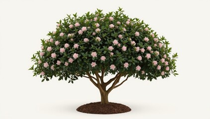 Blooming tree with pink flowers showcasing a vibrant display against a neutral background, featuring lush green foliage and a sturdy brown trunk, creating a sense of natural beauty and serenity in...