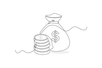 Continuous Line Drawing of Money Bag and Stack of Coins