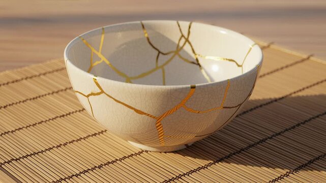 Golden kintsugi repaired ceramic bowl on bamboo mat in soft zen light  