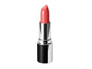 Obraz premium Closeup of a single tube of coral pink lipstick with a silver and black casing, isolated on transparent background