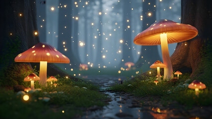 A low-angle shot captures a magical, mist-covered forest path lined by glowing orange mushrooms and sparkling firefly lights.