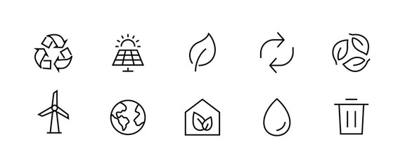 electric power clean energy green. icons CO2, solar geothermal wind energy, hydropower net zero, co2 eco, biofuel biomass, Friendly Power ecological environmental line editable stroke icon set vector