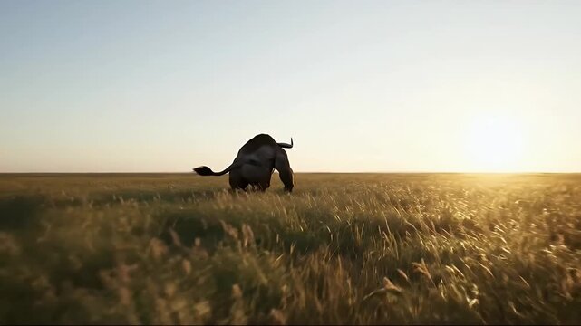 Muscular mythological minotaur bull creature running in a golden field at sunset