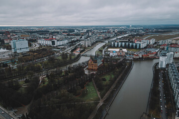 Cathedral in Kaliningrad kenigsberg Cathedral . Located in the historic district of the city of Kaliningrad - Kneiphof now referred to popularly as Kant Island top view, aerial view,