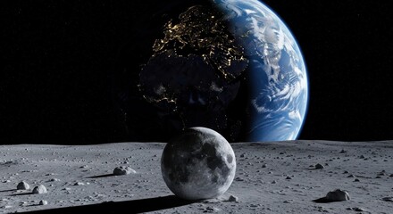 The moon and Earth in a night sky, with the Earth's continents illuminated by city lights.