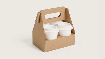 Coffee cups are held inside a brown cardboard carrier.