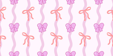 Seamless hand drawn pink ribbon pattern with sweet colored lines decoration. Seamless fabric pattern. Banner. Sweet color background.