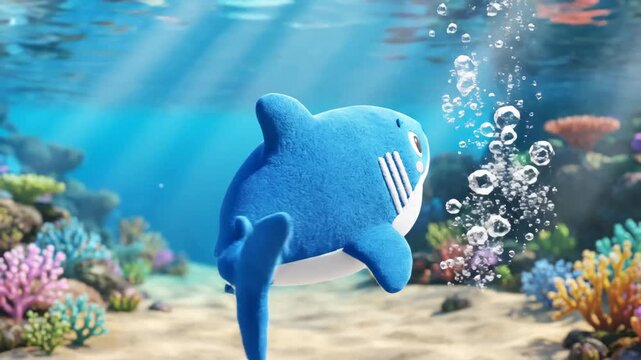 Cartoon Blue Whale Swimming Underwater Near Coral Reef