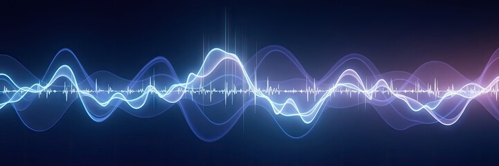 Digital visualization presents undulating waveforms that move dynamically across a dark background, showcasing vibrant, glowing lines of blue, purple, and white, simulating sounds and frequencies 