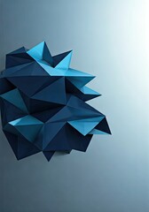 Geometric, abstract composition features a complex, multi-faceted form constructed from triangles and polygons, rendered in gradient shades of blue.