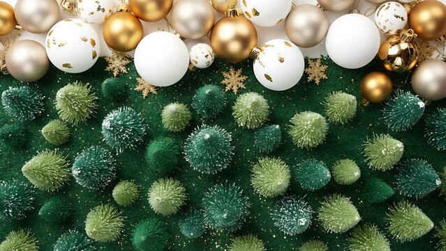 Overhead view of christmas ornaments and miniature trees on a green background with snowflakes scattered around - Powered by Adobe