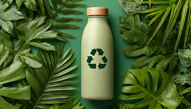 A recyclable bottle and eco-friendly symbol on a green background with lush leaves - Powered by Adobe