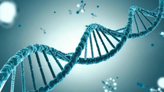 neon glowing dna molecule rotating on blue background