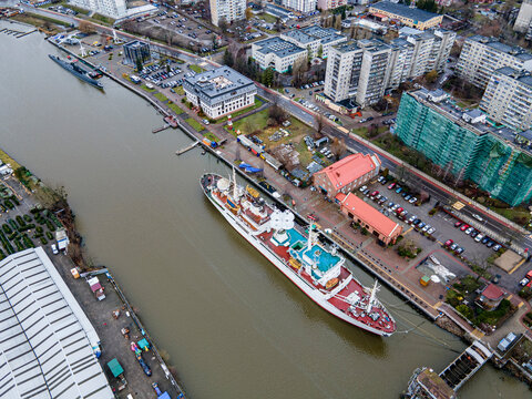 various military and research ships on the Pregolya River in the port of Kaliningrad,