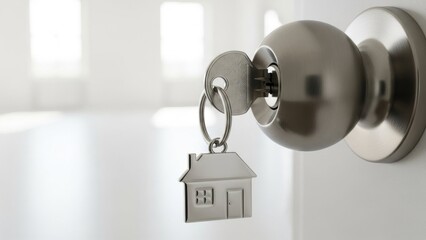Silver Key with House Keychain in Door Lock, Bright White Background