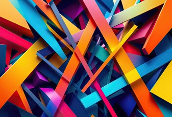Intricate arrangement showcases vibrant, intersecting planes in a spectrum of colors including blue, yellow, orange, pink, and purple, creating a visually dynamic composition with a playful and...