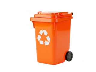 Bright orange plastic recycling bin with universal recycle symbol sticker, isolated on transparent background