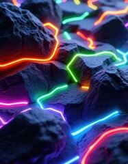 Abstract composition depicts textured rock surfaces intricately interwoven with radiant neon-colored lines, creating an alluring interplay of light and form within a dynamic and mysterious setting.