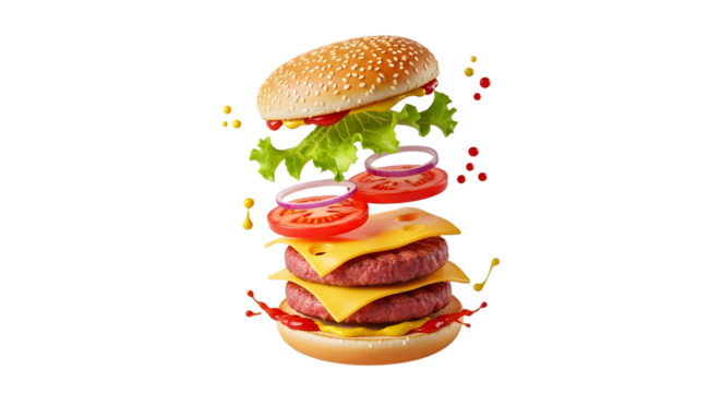 Delicious double cheeseburger with flying ingredients isolated on transparent background