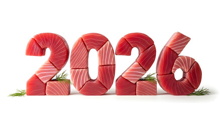 Creative 2026 numbers crafted from fresh tuna sashimi blocks, a unique concept for New Year's greetings, calendars, and Japanese restaurant promotions on a white background.