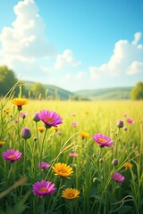 Obraz premium Vibrant wildflowers bloom in a sunlit meadow under a clear blue sky dotted with fluffy white clouds, showcasing a picturesque summer scene with various colors, including vivid pink, yellow, and green.