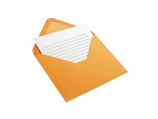 Open orange envelope with a lined white paper note partially visible, isolated on transparent background