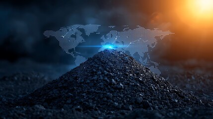 Global Coal Market Concept A Pile of Black Coal with a World Map Overlay Under a Dramatic Sky