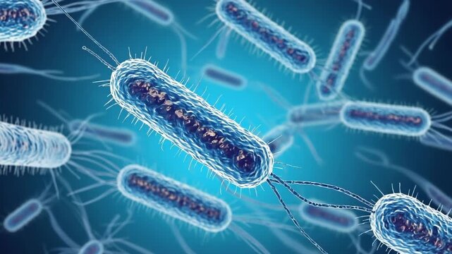 Microscopic bacteria floating on blue background. respitory virus outbreak