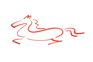 筆絵の走る馬のシンプルなシルエット　赤色　正月素材