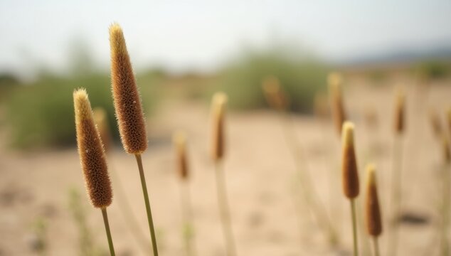 Close up of tall grass seed heads in a dry field with soft focus background