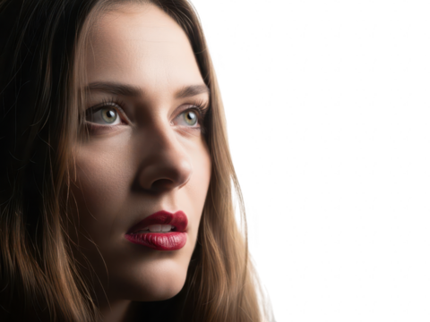 Close up portrait of a young woman with long brown hair and red lipstick looking up with an intense expression isolated on transparent background