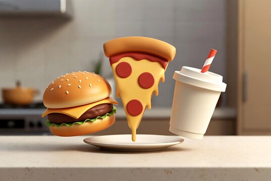 Cartoon fast food set with burger pizza slice and drink floating over plate - Powered by Adobe