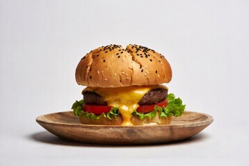 Fresh burger with cheese and sesame seeds served on wooden plate indoors