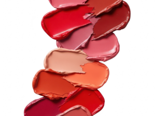 Vertical stack of various vibrant lipstick swatches showing different shades of red, pink, and nude colors isolated on transparent background