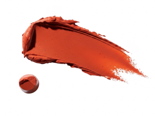 Swatches of rich burnt orange matte lipstick texture smear and product sample isolated on transparent background