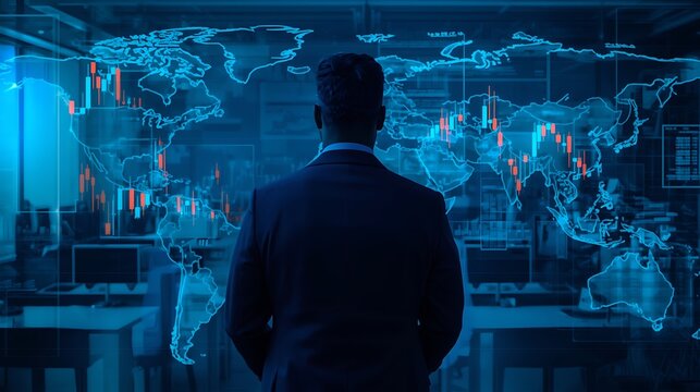 A businessman stands looking at a large digital display showing a world map with glowing data and market trends, symbolizing global business analysis and strategy