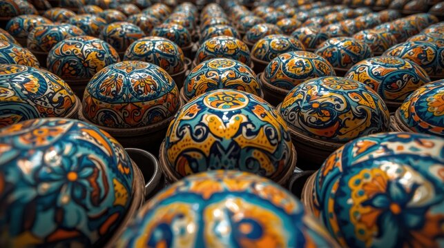 Close up of many colorful intricately painted ceramic easter eggs - Powered by Adobe