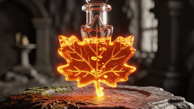 Glowing Maple Leaf Potion Bottle on Stone Altar, Fantasy Setting