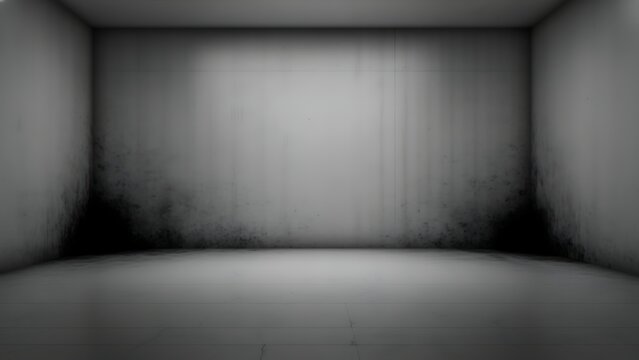 A stark gray room with dark stains in the corners and a bright light on the center wall space