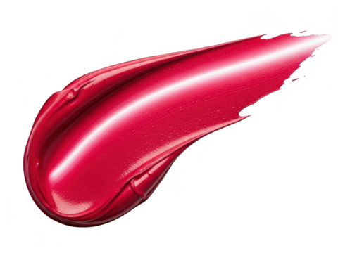 Glossy swatch of vibrant red or magenta liquid lipstick or lip gloss smear isolated on transparent background