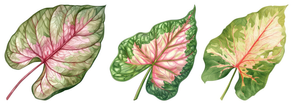 PNG Vibrant watercolor caladium leaves, element set on transparent background