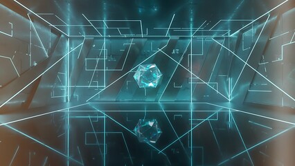 Abstract digital space with glowing lines and geometric shapes creating a futuristic environment