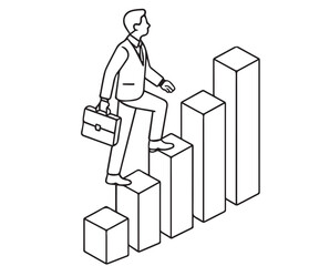 A clean vector artwork depicts a man steadily walking up massive business bar charts, symbolizing ongoing development, forward strategy, and confident movement in modern progress design.
