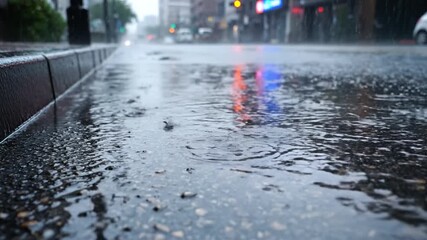 Rainy urban street with wet pavement reflecting colorful city lights and traffic signals, heavy rain splashing on asphalt creating moody reflections and blurred city background during gloomy weather - Powered by Adobe