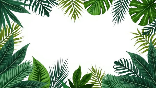 Lush, vibrant green tropical leaves artfully frame a bright white space, creating a natural border suitable for various design purposes, displaying a sense of freshness and conveying a peaceful... - Powered by Adobe