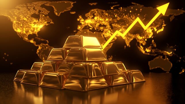 Global Gold Investment Navigating Economic Trends and Financial Growth with a Rising Arrow symbolizing Market Upward Movement