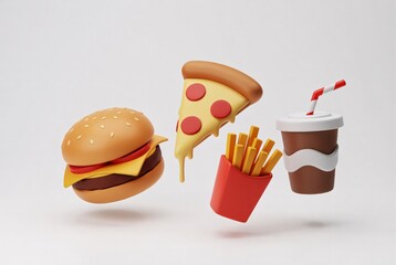 Cartoon burger with pizza slice soda and fries representing fast food meal